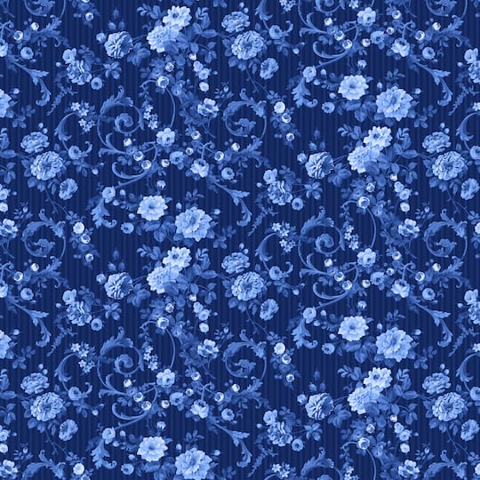 Northcott Blue Porcelain Rose Scroll Cotton Fabric